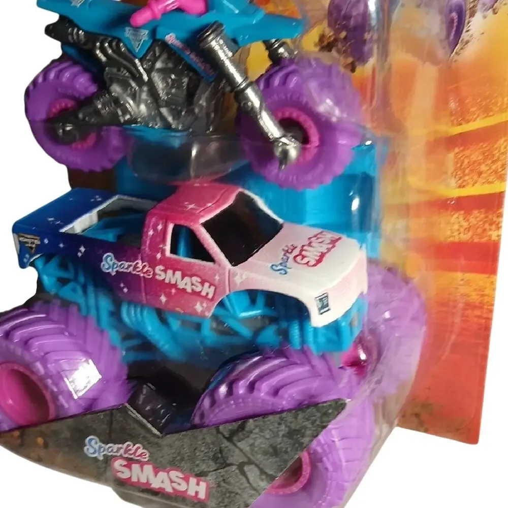 Monster Jam Sparkle Smash with motorcycle Monster Truck - Blue and Pink - Picture 2 of 4